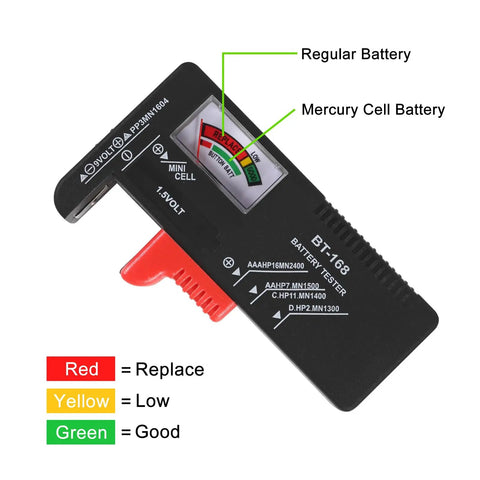 2 Pack BT 168 Universal Battery Tester For Household Batteries Quick And Easy Checker For AAA AA C D 9V And 1.5V Button Cells With Analog Display Readout, black plastic