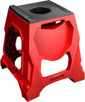 Heavy Duty Bike Stand Red With Wide Non Slip Feet And Technopolymer Frame Removable Mount For Different Bike Frames Extra Stable On Sand Or Mud Great For Repairs And Maintenance, shown from side view.