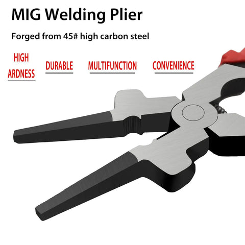 Workhorse Eight Inch MIG Welding Pliers With Insulated Handles for welding and wire cutting, splatter removal, close-up view