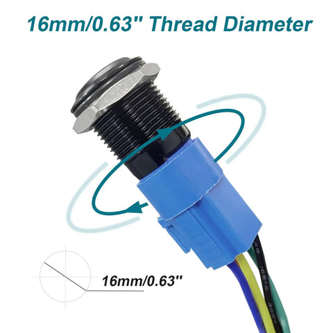 12V SPDT Horn Button Push Switch With Blue LED, Five Eighth Inch Sixteen Millimeter Momentary Car Button For Vehicle Horn, Durable Black Shell And Easy Install For DIY Auto Projects. 16mm threaded push switch with blue LED and wiring