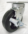 Heavy Duty Kingpinless Swivel Casters With Brakes Six Inch Rubber Tires On Steel Hub Toolbox Cart Wheels Set Of Four close-up view of a single caster