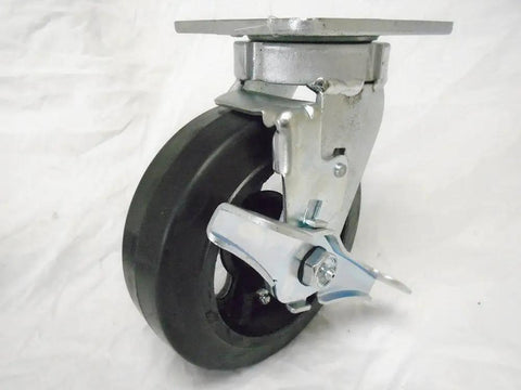 Heavy Duty Kingpinless Swivel Casters With Brakes Six Inch Rubber Tires On Steel Hub Toolbox Cart Wheels Set Of Four close-up view of a single caster