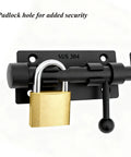 Close-up of Built To Last Tough As Nails Heavy Duty Black Slide Bolt Gate Latch with Extra Thick 304 Stainless Steel Barrel Bolt