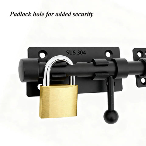 Close-up of Built To Last Tough As Nails Heavy Duty Black Slide Bolt Gate Latch with Extra Thick 304 Stainless Steel Barrel Bolt