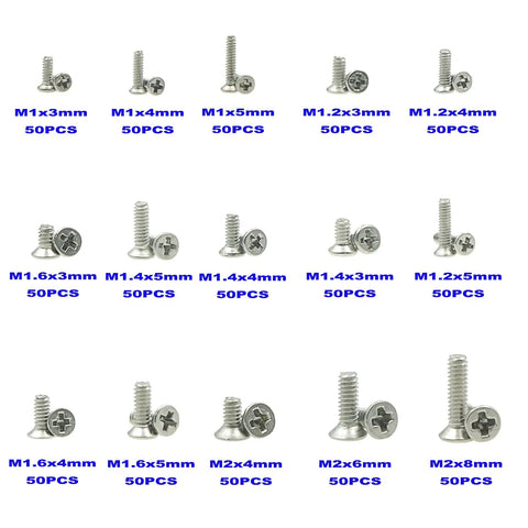 Handy 750 Piece Metric Stainless Steel Phillips Flat Head Machine Screws Assortment Kit M1.0 M1.2 M1.4 M1.6 M2 Sizes