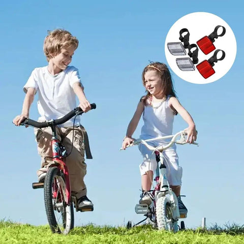 Children riding bikes with Eight Piece Bike Front And Rear Reflectors Kit With Wheel Spoke Reflectors Set for daylight safety shown inset.