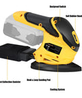 Built Like A Tank Heavy Duty Cordless Detail Sander 12000 Opm Pocket Orbital Sander features a dust canister and soft handle.