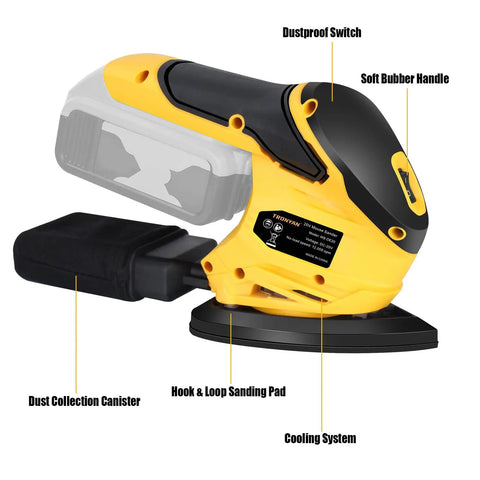 Built Like A Tank Heavy Duty Cordless Detail Sander 12000 Opm Pocket Orbital Sander features a dust canister and soft handle.
