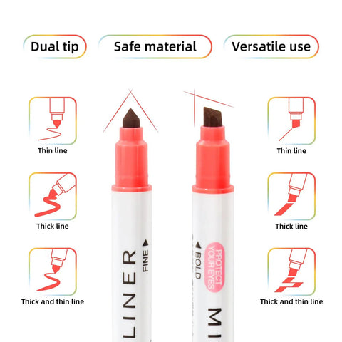 Dual tip design with labels 'Thin line' and 'Thick line'. Part of 20 Pack Bible Highlighters And Fine Point Pens No Bleed Through For Bible Study And Journaling Dual Pack With Soft Pastel Colors 0.38mm Tip Ideal For Note Taking Prayer Journals And Sermon Notes.