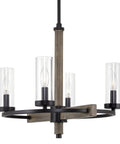 Alden 18 Inch 4 Light Modern Farmhouse Chandelier With Clear Cylinder Glass Shades Gray Oak Wood Finish And Black Accents For Dining Room Or Living Space To Elevate Your Vibe Ceiling Light Fixture