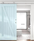 6 Foot Top Mount Stainless Steel Sliding Barn Door Hardware Track Kit For 30 To 36 Inch Single Doors Heavy Duty Anti Rust And Quiet Smooth Sliding Easy Install in modern bathroom setting