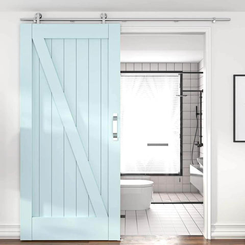 6 Foot Top Mount Stainless Steel Sliding Barn Door Hardware Track Kit For 30 To 36 Inch Single Doors Heavy Duty Anti Rust And Quiet Smooth Sliding Easy Install in modern bathroom setting