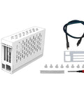 External GPU Dock For Laptops Featuring Heavy Duty Metal Frame And Real PCIe 4.0 Support with accessories and cable included.