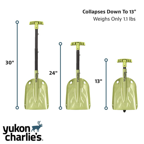 Three steps of Grab And Go Collapsible Snow Shovel For Camping And Car Emergency Kit shown collapsing from 30 to 13 inches.