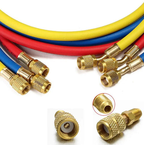 Pro Grade Refrigerant Charging Hoses With Diagnostic Manifold Gauge Set For R410A R22 R404 Refrigerants, Sixty Inch Color Coded Hoses In Red Yellow Blue With Two Quick Couplers, Durable High Pressure Easy To Use HVAC Tool Kit brass fittings