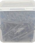 Container of gray Star-Drive deck screws for outdoor decking size ten by two and a half inch, self-tapping, ceramic coated, visible.