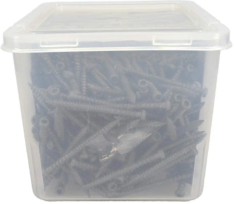 Container of gray Star-Drive deck screws for outdoor decking size ten by two and a half inch, self-tapping, ceramic coated, visible.