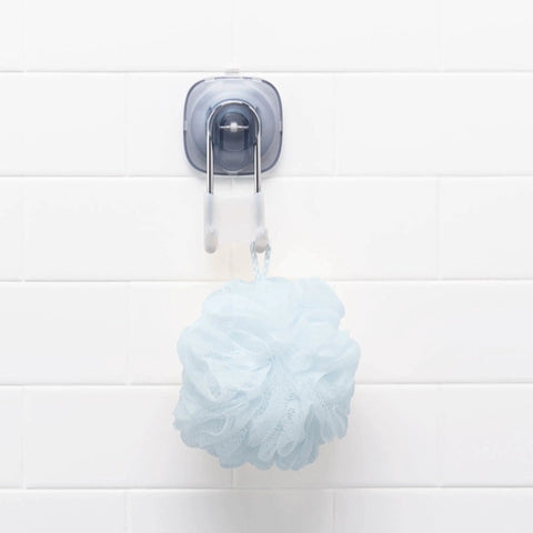 Suction Shower Hook For Loofahs Towels And Razors, No Drill Bathroom Organizer on white tile holding loofah