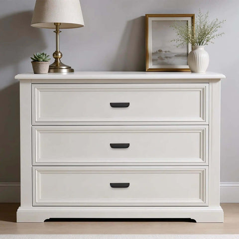 Top Shelf Heavy Duty 3 Inch Matte Black Cabinet Pulls 10 Pack on white dresser with three drawers and decor