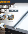 Close-up view of a standard miter T-track with 3/8" x 3/4" groove, showing multiple bar options including Miter T-Bar and HDPE Miter Bar.
