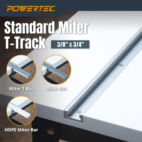 Close-up view of a standard miter T-track with 3/8" x 3/4" groove, showing multiple bar options including Miter T-Bar and HDPE Miter Bar.