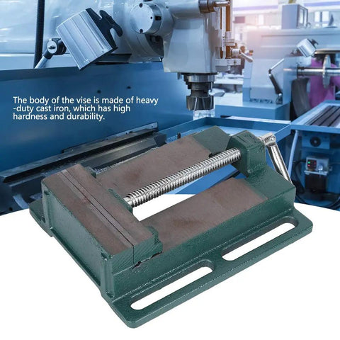 Beefed Up 5 Inch Heavy Duty Cast Iron Machine Vise With Fat Jaws For Milling And Drilling, showing a solid green vise for stable clamping.