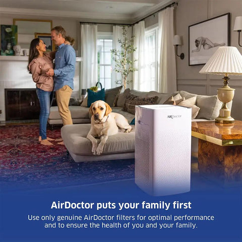 Family in living room with AirDoctor purifier, dog on couch, promoting AD5000 UltraHEPA Replacement Filter For 4 In 1 Home Purifier That Clears Cigarette Smoke Pet Odors Toxins And More Super Easy To Install Long Lasting High Efficiency Air Cleaner Filter For Fresh Indoor Air.