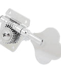 Silver Steel Bass Tuner Knobs For Electric Bass Vintage Open Design Bronze Gear Core Chrome Plated Fine Tuning Tool With Round Cover Fits Right Row And Left Row Basses, shown from side angle.