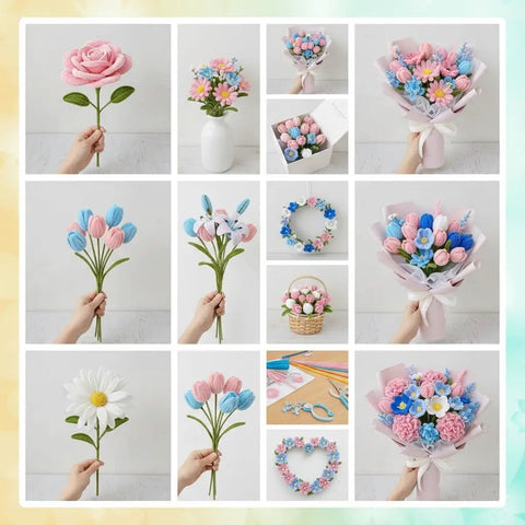 Heavy Duty Multicolor Chenille Stems for Flower Making and DIY Crafts 400 Count Thick Pipe Cleaners for Sturdy DIY Flowers Home Decor Kids And Adults Art Projects Blue, pastel bouquet collage