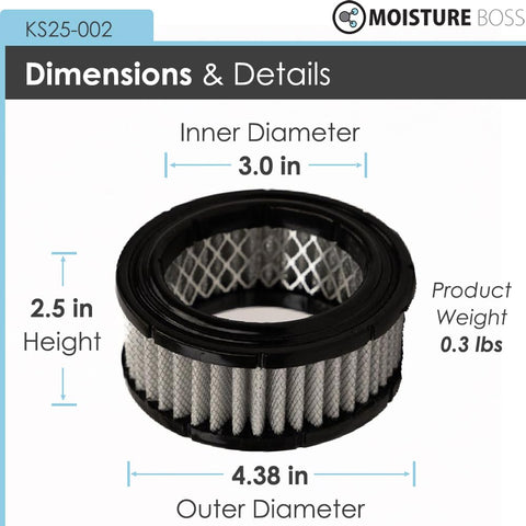 OEM Compatible Air Compressor Intake Filter For 5 Micron Dirt Defense, 35 CFM Flow, detailed dimensions and weight shown.
