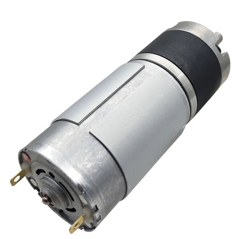 Top Tier High Torque DC Planetary Gear Motor Runs Smooth On 12V Or 24V with metallic casing and electrical connectors for robotics.