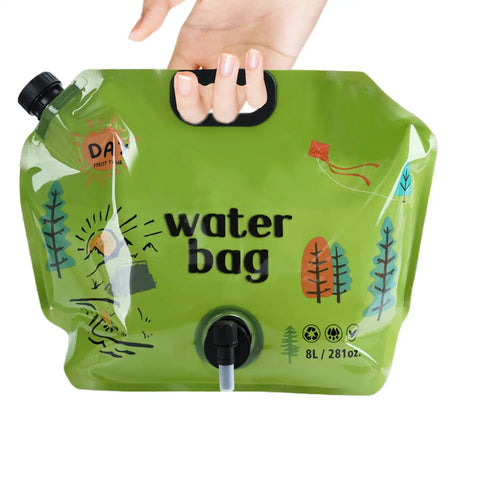 All Day Hydration On Tap Large Capacity Camping Water Container With Foldable Outdoor Bag held by hand, 8L, green color
