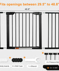 Extra Wide Walk Through Pet Gate With Auto Close, Kid Friendly And Pet Safe, Durable Metal Gate For Stairs And Doorways, Adjustable From 29.5 To 48.8 Inches, Includes 2 Extension Kits Black showing parts and dimensions.