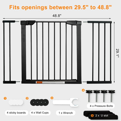 Extra Wide Walk Through Pet Gate With Auto Close, Kid Friendly And Pet Safe, Durable Metal Gate For Stairs And Doorways, Adjustable From 29.5 To 48.8 Inches, Includes 2 Extension Kits Black showing parts and dimensions.