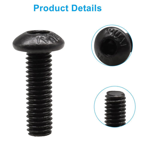 Close-up of M3 X 10mm hex socket button head cap screws kit in beefy heavy duty alloy steel 12.9 grade black oxide finish showing detail