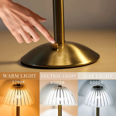 Rechargeable Portable Mushroom LED Table Lamp With Touch Sensor 3 Color Dimmable Brightness Cordless Brass Desk Light base and color settings