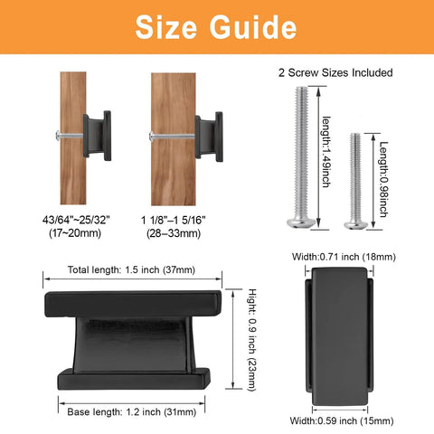 Size guide showing dimensions for 20 Pack Square Matte Black Kitchen Cabinet Knobs And Drawer Dresser Knobs For Cupboard