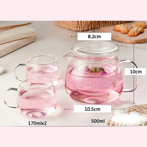 Sleek Heat Resistant Glass Teapot For Cold Brew And Hot Tea, Smooth Drip Pour Spout Juice Pitcher, Solid Borosilicate Server 500ml with two 170ml glasses.