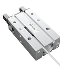 Pneumatic finger cylinder HFY6 actuator, aluminum body with mounting holes, angled front view