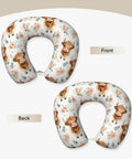 Front and back view of Cute Highland Cow Memory Foam Travel Pillow For Neck Support U Shaped Travel Cushion For Airplane Car And Office