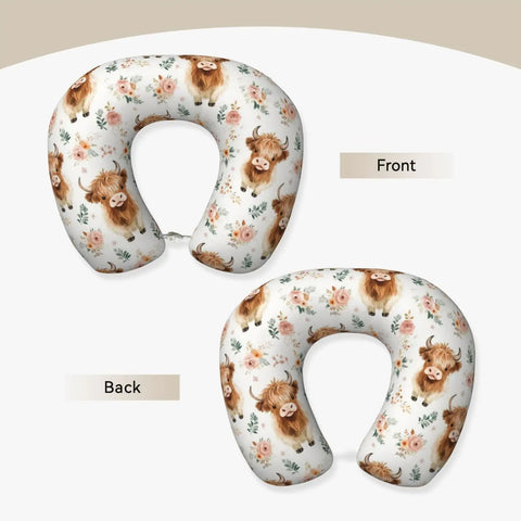 Front and back view of Cute Highland Cow Memory Foam Travel Pillow For Neck Support U Shaped Travel Cushion For Airplane Car And Office