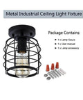Industrial Vintage Flush Mount Ceiling Light With Metal Cage Pendant, Black Finish, E26 Base, UL Listed, contents shown