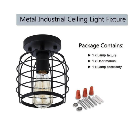 Industrial Vintage Flush Mount Ceiling Light With Metal Cage Pendant, Black Finish, E26 Base, UL Listed, contents shown