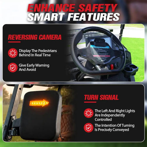 Six Seater Electric Golf Cart With 60V 105Ah Battery And Advanced Suspension features reversing camera and turn signal for safety.