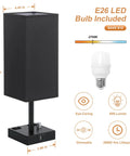 Black Fully Dimmable Nightstand Lamps Set Of 2 With USB C And USB A Ports, square fabric shade, E26 LED bulb, dimensions shown