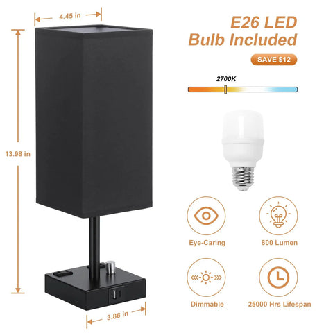 Black Fully Dimmable Nightstand Lamps Set Of 2 With USB C And USB A Ports, square fabric shade, E26 LED bulb, dimensions shown