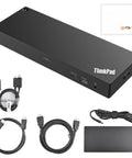 Rock Solid Thunderbolt 4 Docking Station For Laptops Drives Four 4K Monitors With Boss 230W Power Delivery showing black unit with cables.