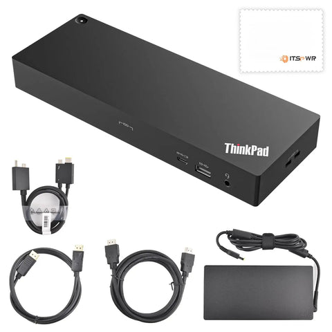 Rock Solid Thunderbolt 4 Docking Station For Laptops Drives Four 4K Monitors With Boss 230W Power Delivery showing black unit with cables.