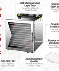 Heavy Duty Commercial Food Dehydrator With A Sweet Large Capacity And Kickin Performance For Preserving Fresh Fruits Veggies Meats And Herbs Stainless Steel Appliance with 304 stainless steel tray and details.