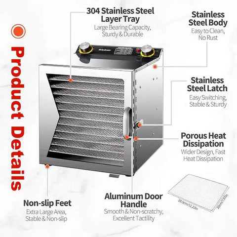 Heavy Duty Commercial Food Dehydrator With Rust Proof Steel Build Triple Rack Setup And Flawless Temp Control For Crushing Through Massive Loads Of Tomatoes Pork Chops And Kale Greens showing 304 stainless steel tray and features.